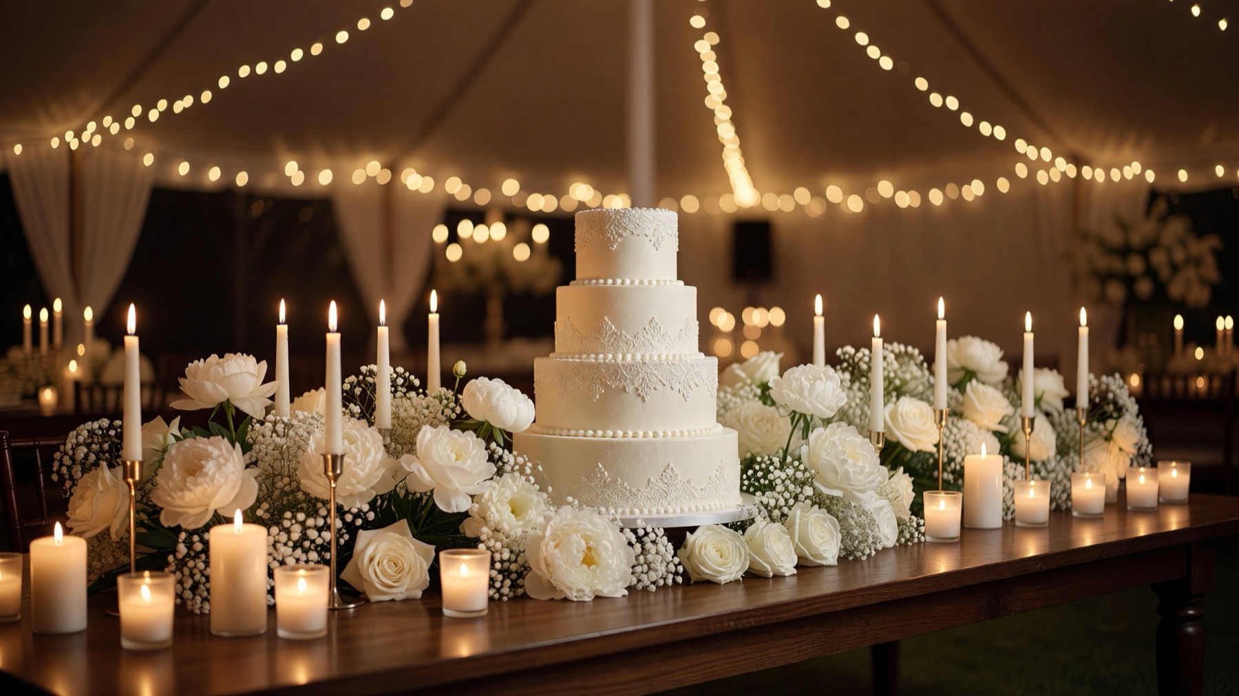 Mesa del pastel con flores y velas
